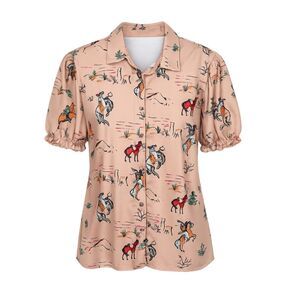 Cherry Betty Plus Size Western Cowboy Print Button Front Blouse Rodeo Ranch Top